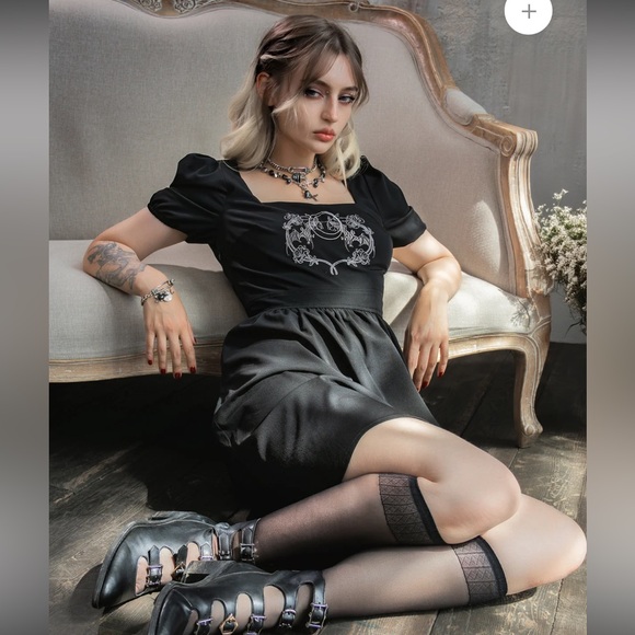Disturbia Black Vampyrum Bat Embroidered Puff Sleeve Babydoll Mini Dress NWT 8 - Picture 3 of 16